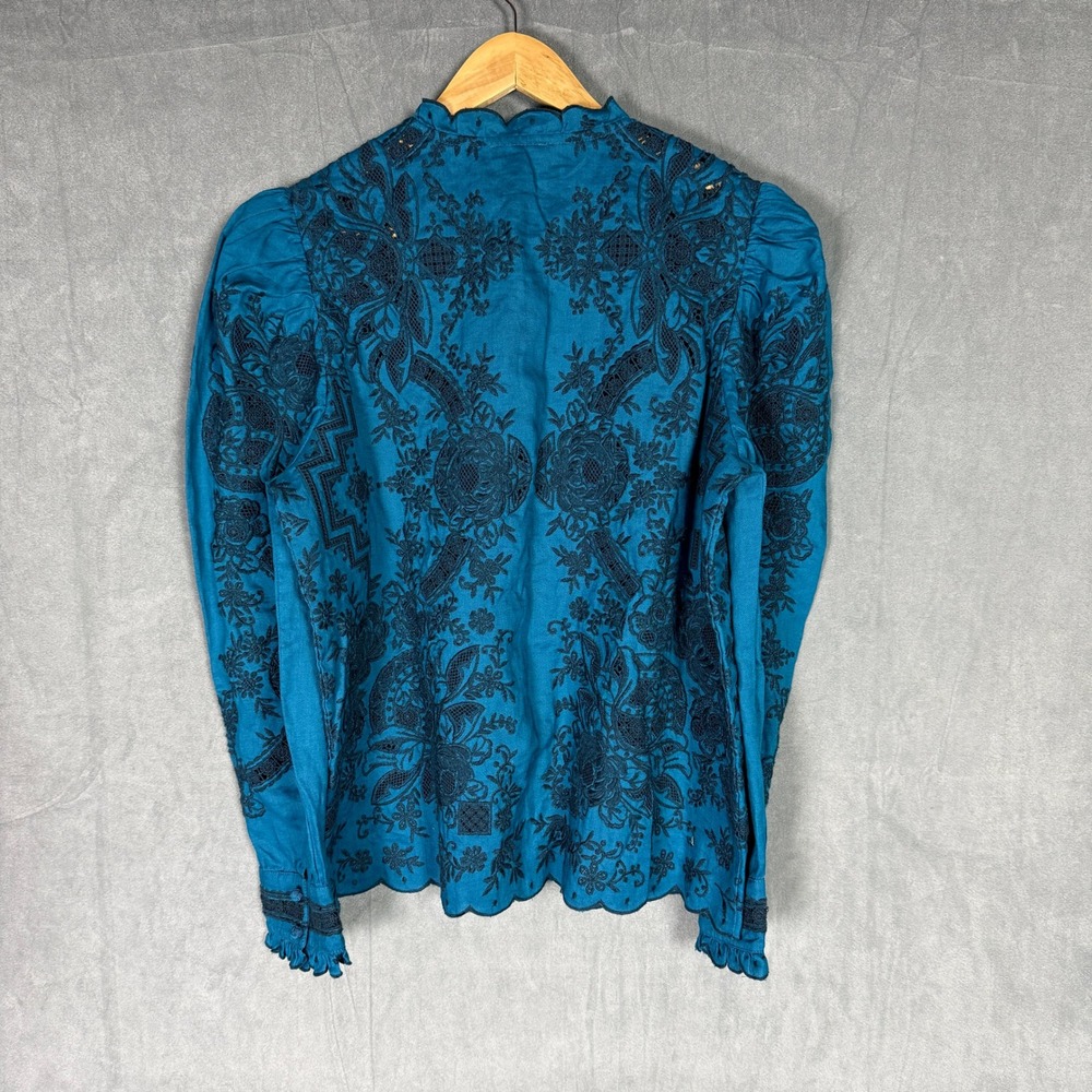 Sundance Top NWT Large Blue Floral Lace Embroidered Eyelet Blouse Whimsygoth - Picture 4 of 16